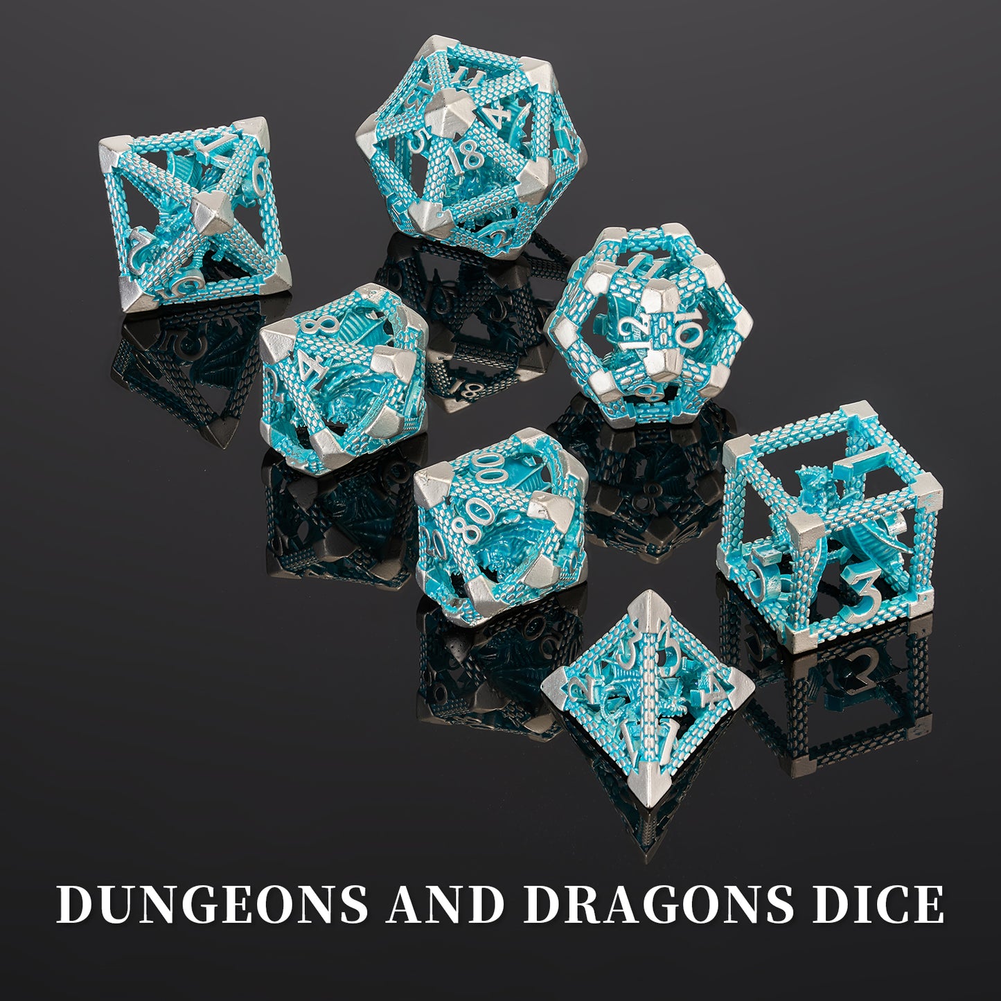 D&D Hollow Dragon Metal Polyhedral Dice Set for RPG and Tabletop Games - 3D BlueWhite