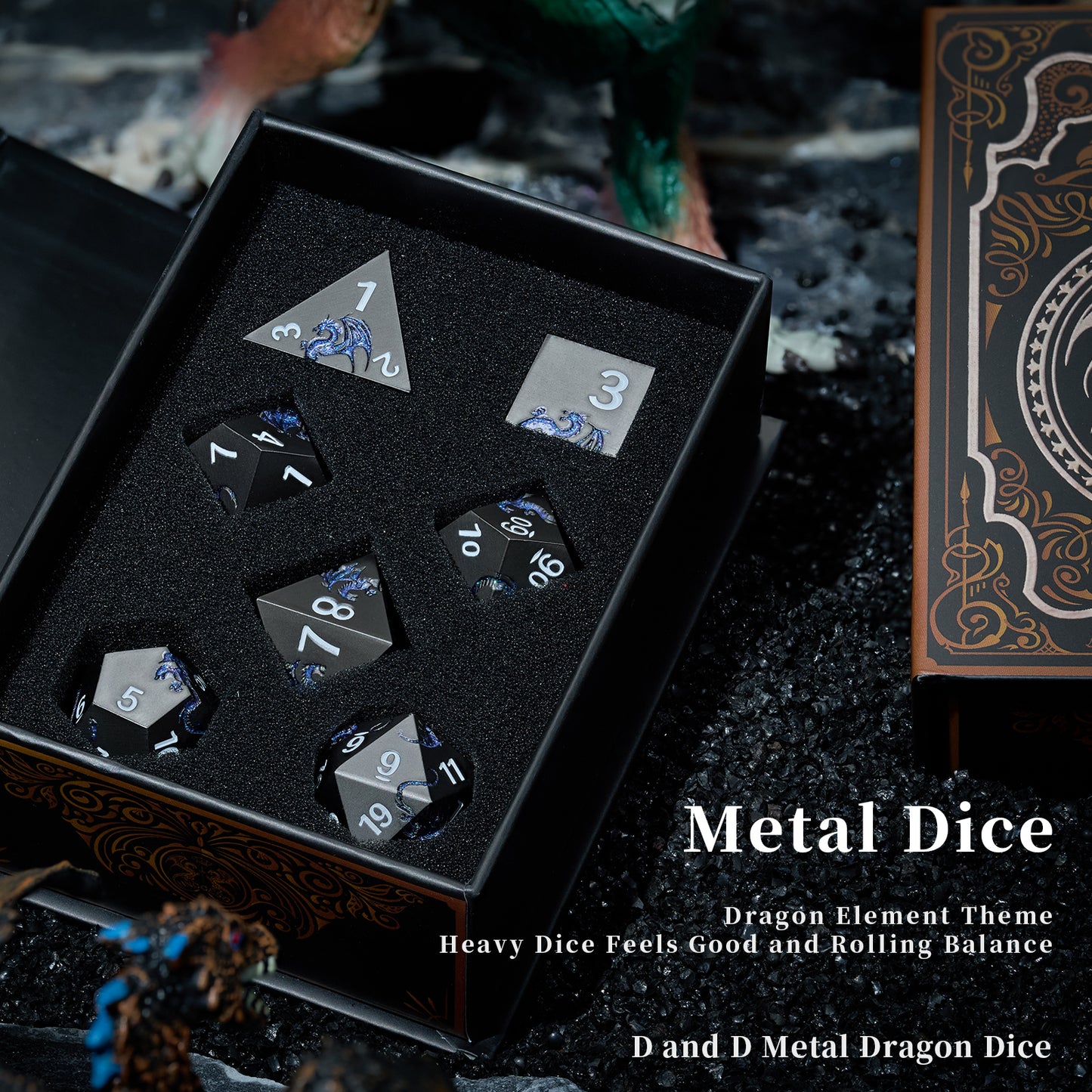 Metall-DND-Würfelset Drache, 7-teilig, schwer, metallisch (Glitzerblau)