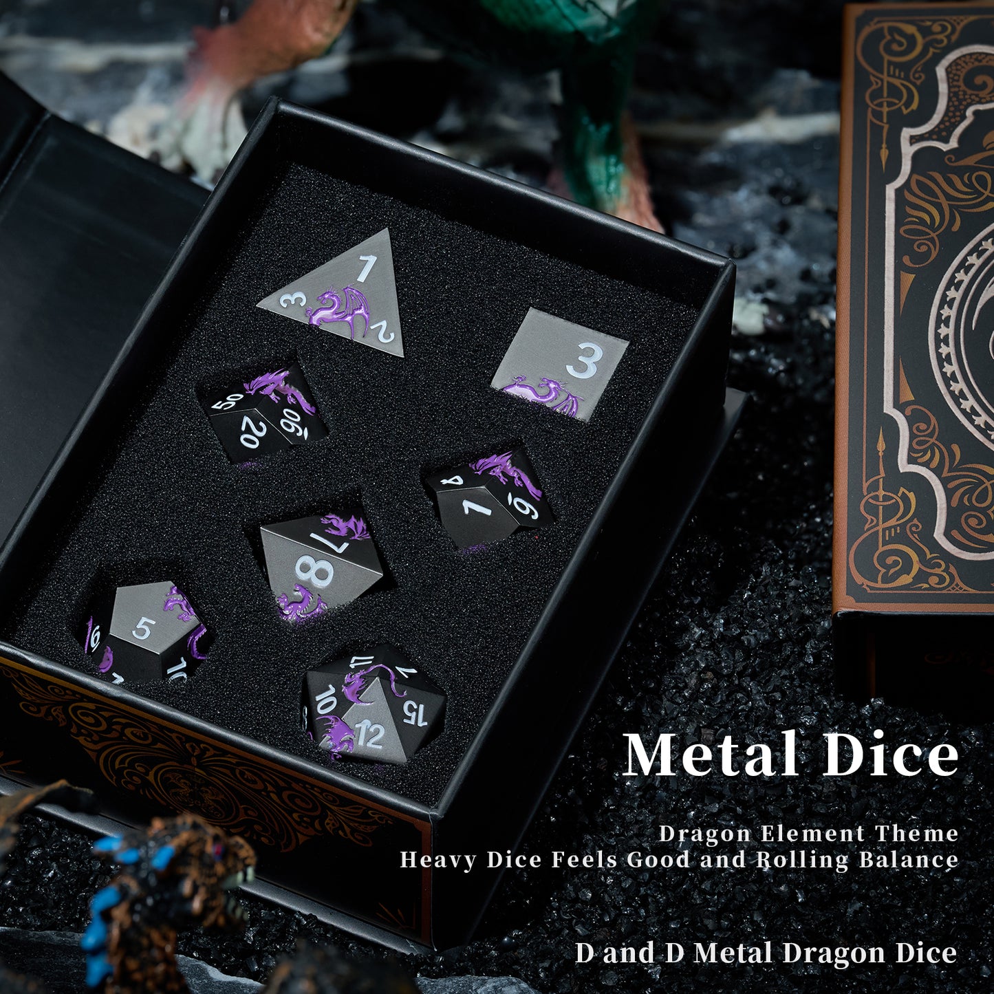 Purple DND Metal Dice, 7 PCS Heavy Metallic D&D Dice Set for Dungeons and Dragon Tabletop Game(BlackPurple)