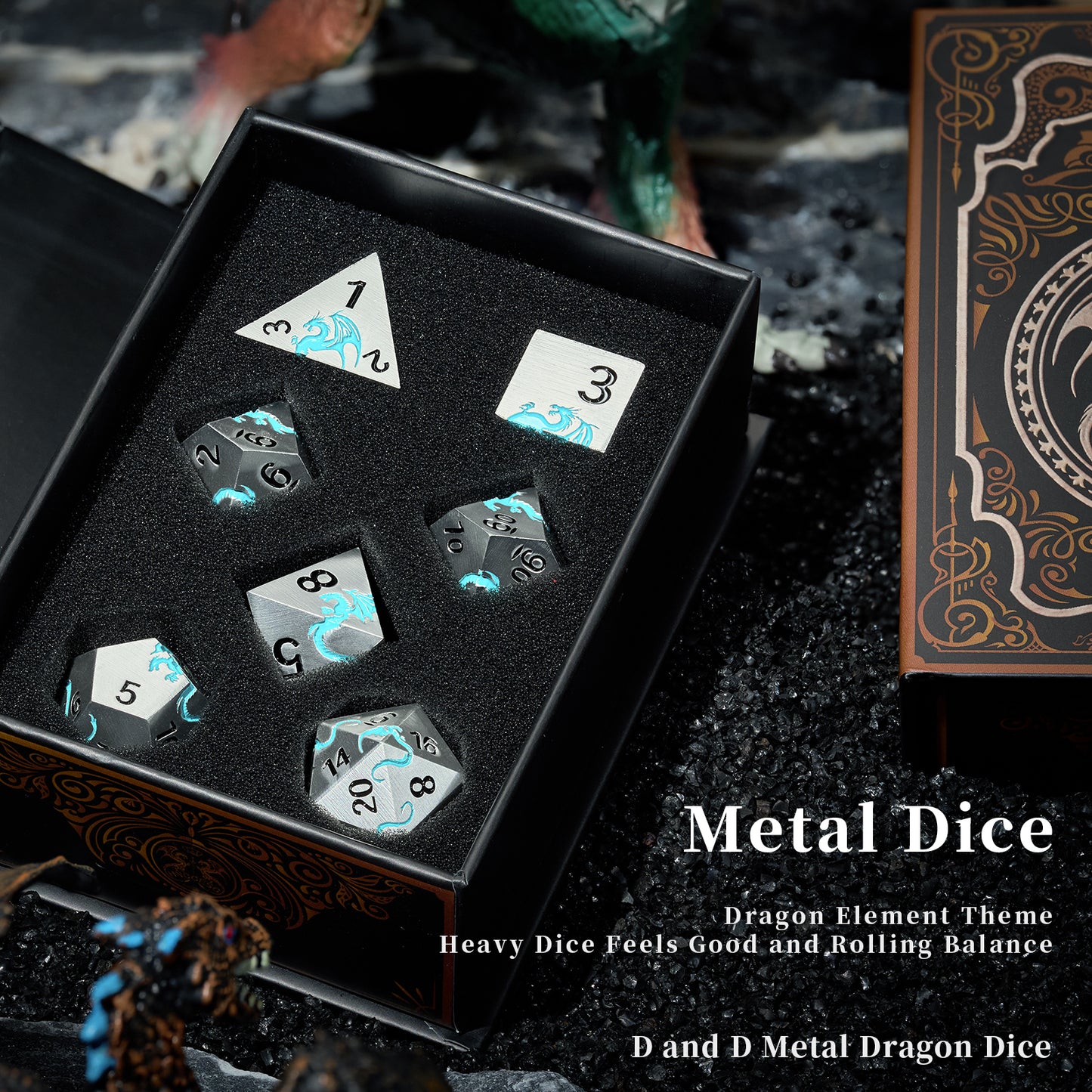 Metal Dice Set D&D 7 PCS Dragon Metallic DND Dice Set(Matte Silver Blue2)
