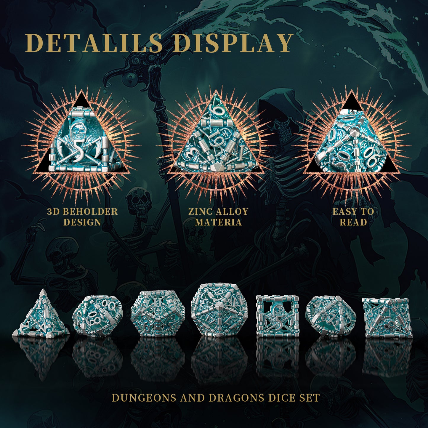 D&D Dice Set, Hollow Blue White Metal Grim Reaper Dice of 7 Piece,Role PlayGaming for Dungeons and Dragons Table Game MTG or RPG  (BlueWhite)