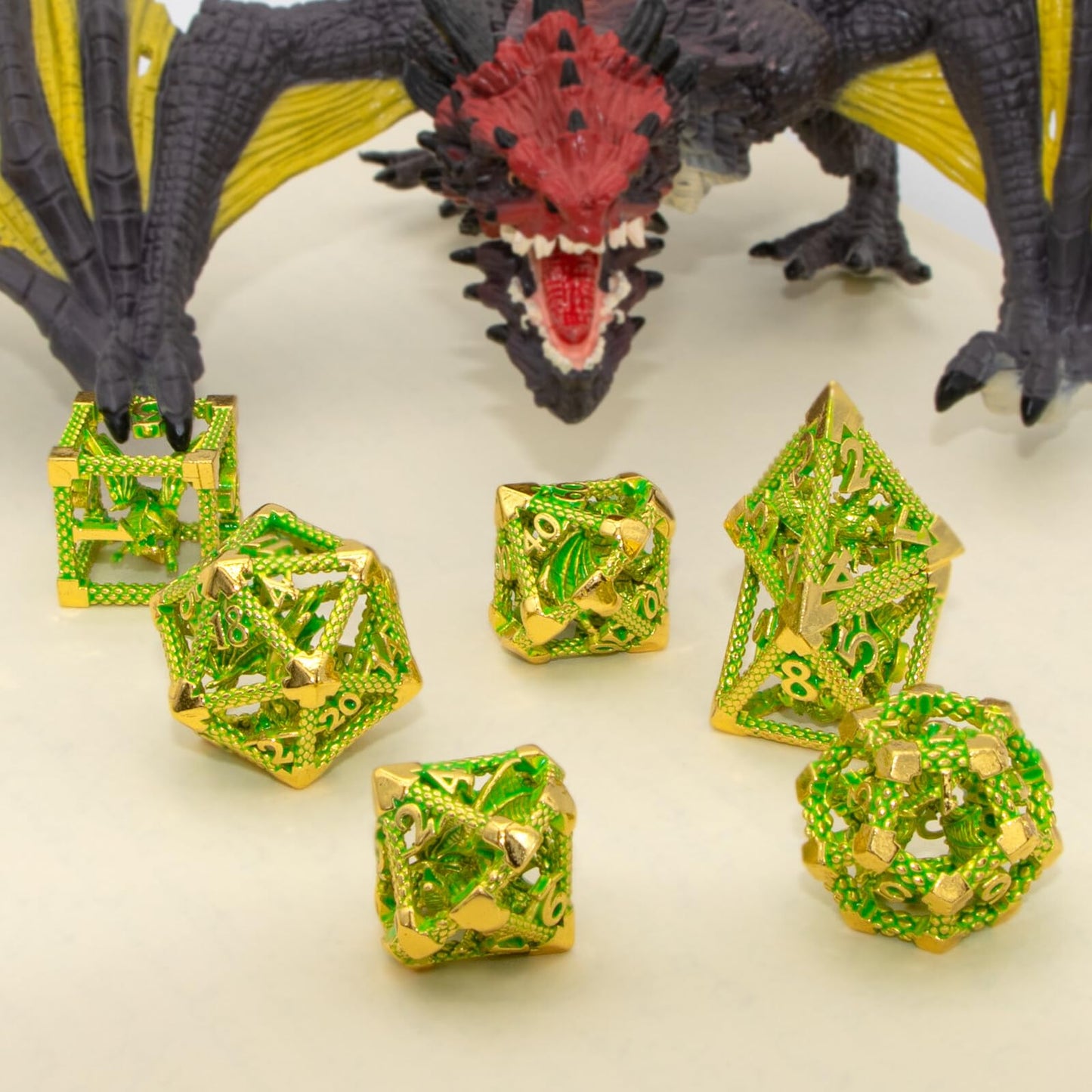D&D Hollow Dragon Metal Polyhedral Dice Set for RPG and Tabletop Games - 3D Gilt Green