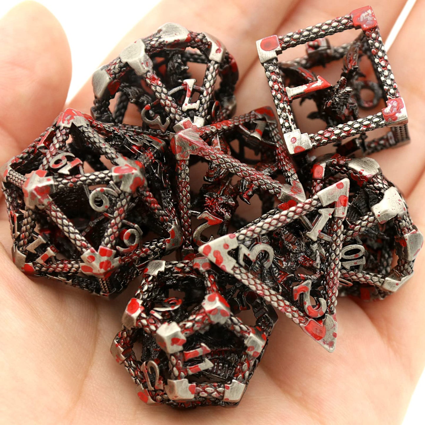 D&D Hollow Dragon Metal Polyhedral Dice Set for RPG and Tabletop Games - 3D Sliver Blood Spot