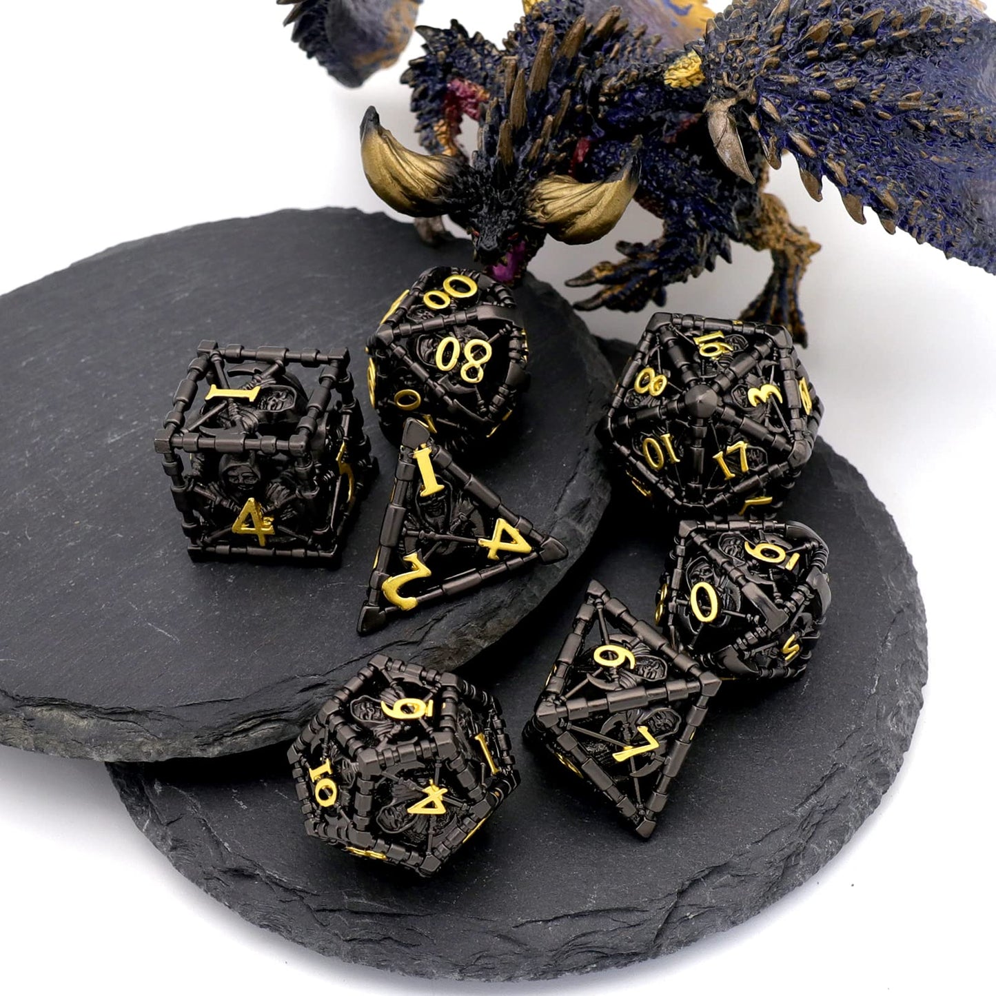 DND Dice, Metal Polyhedral Dice Set Role Playing D&D Dice HNCCESG Hollow Grim Reaper Gaming for RPG Table Game (Black)