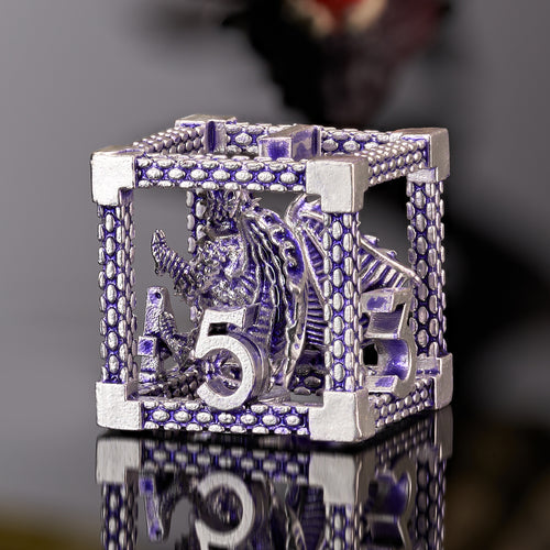 D&D Hollow Dragon Metal Polyhedral Dice Set for RPG and Tabletop Games - 3D Purple White