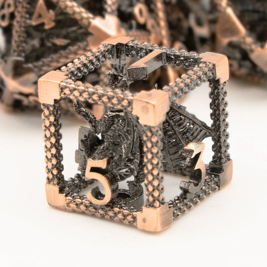 D&D Hollow Dragon Metal Polyhedral Dice Set for RPG and Tabletop Games - 3D Copper