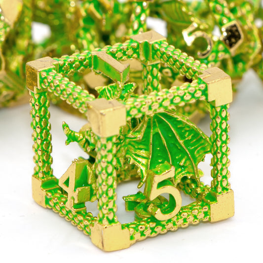 D&D Hollow Dragon Metal Polyhedral Dice Set for RPG and Tabletop Games - 3D Gilt Green