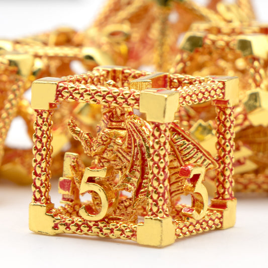 D&D Hollow Dragon Metal Polyhedral Dice Set for RPG and Tabletop Games - 3D Gold Red