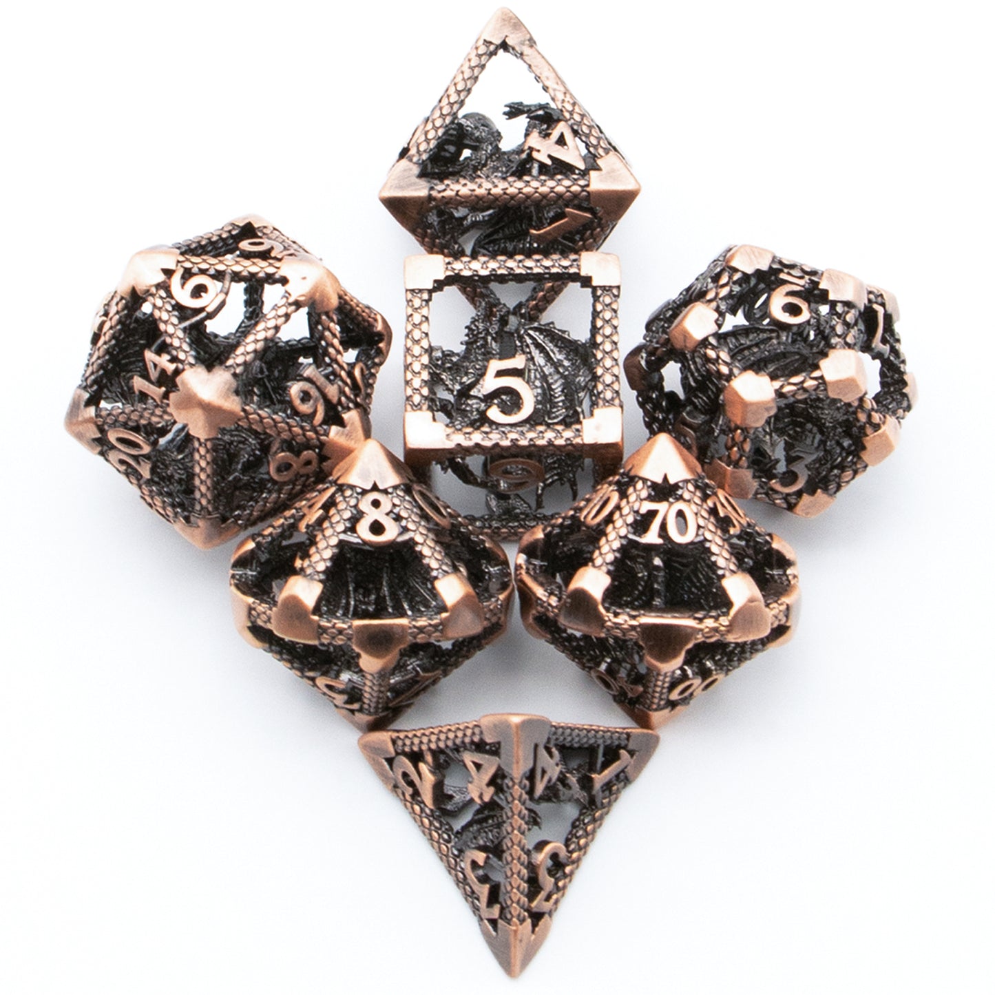 D&D Hollow Dragon Metal Polyhedral Dice Set for RPG and Tabletop Games - 3D Copper