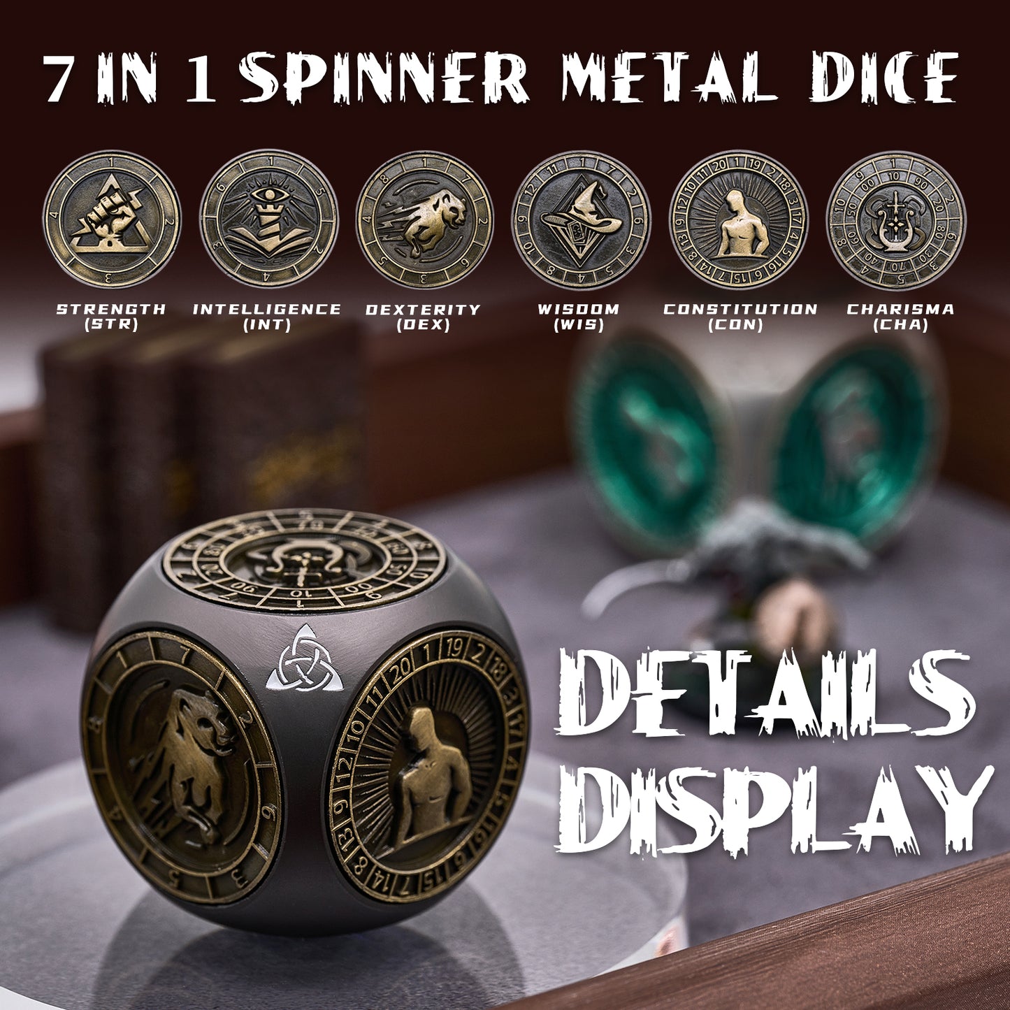 HNCCESG 7-in-1 Metal Spinner Dice,3D Relief Polyhedral Metal DND Dice Set Gift Box,Tabletop RPG Role Playing Gifts for Lovers (Black Bronze)