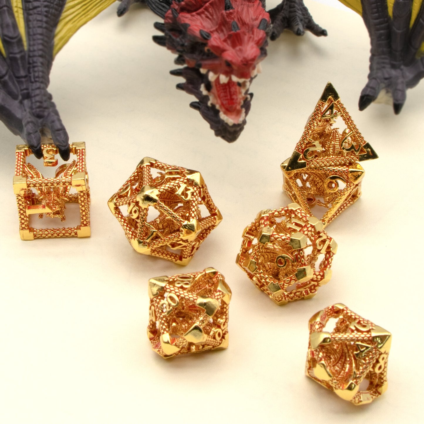 D&D Hollow Dragon Metal Polyhedral Dice Set for RPG and Tabletop Games - 3D Gold Red
