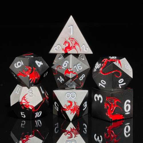 Metal DND Dice Set Dragon D&D Dice for D&D Dungeons and Dragons Gift TTRPG Metal Dice with Dragon Dice Box(Black Red Dragon)