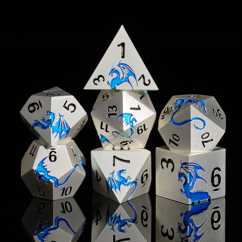 Sharp Edge Dragon Metal DND Dice Set for Role Play Game(Matte Silver Blue)
