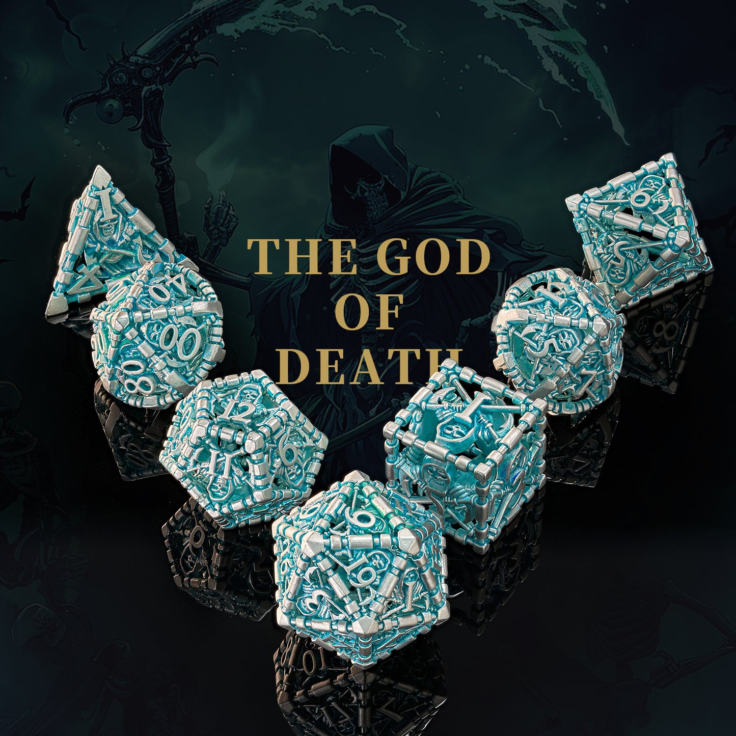 D&D Dice Set, Hollow Blue White Metal Grim Reaper Dice of 7 Piece,Role PlayGaming for Dungeons and Dragons Table Game MTG or RPG  (BlueWhite)