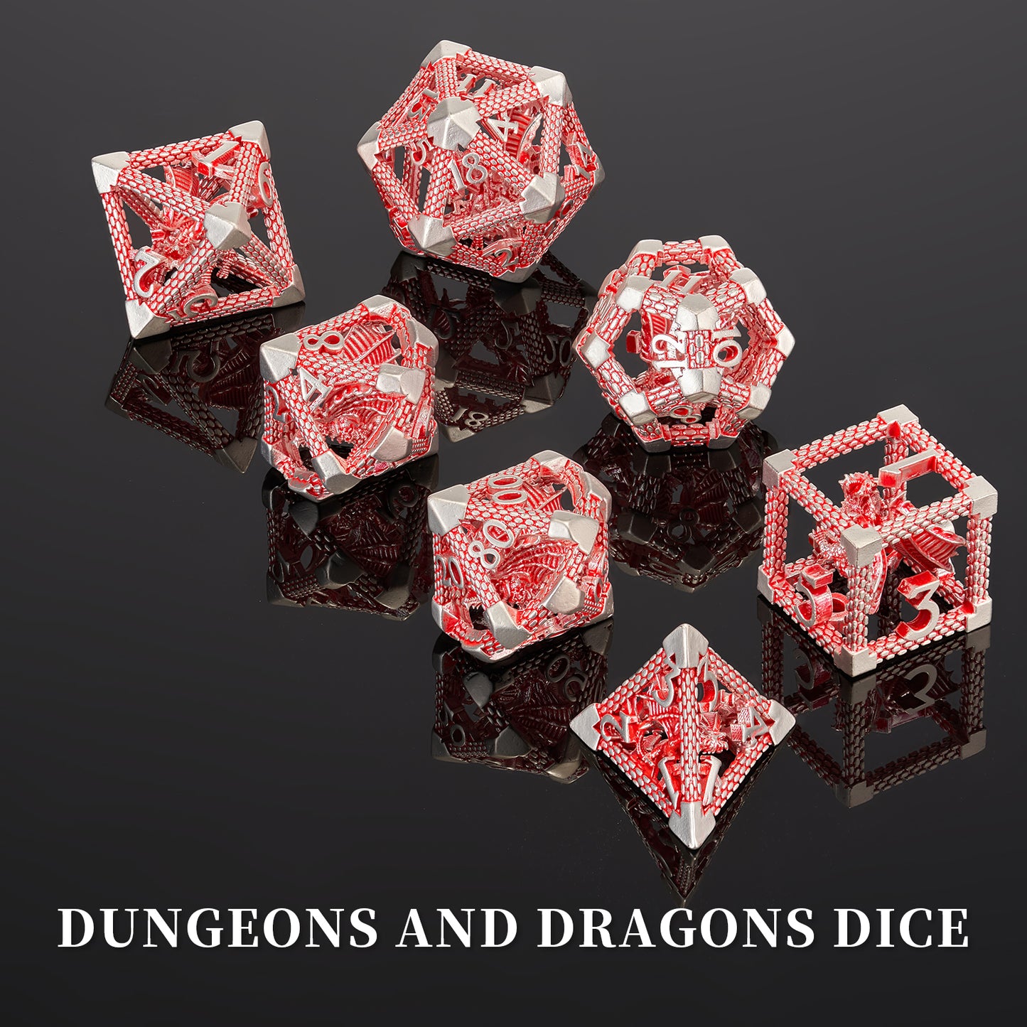 D&D Hollow Dragon Metal Polyhedral Dice Set for RPG and Tabletop Games - 3D Red White