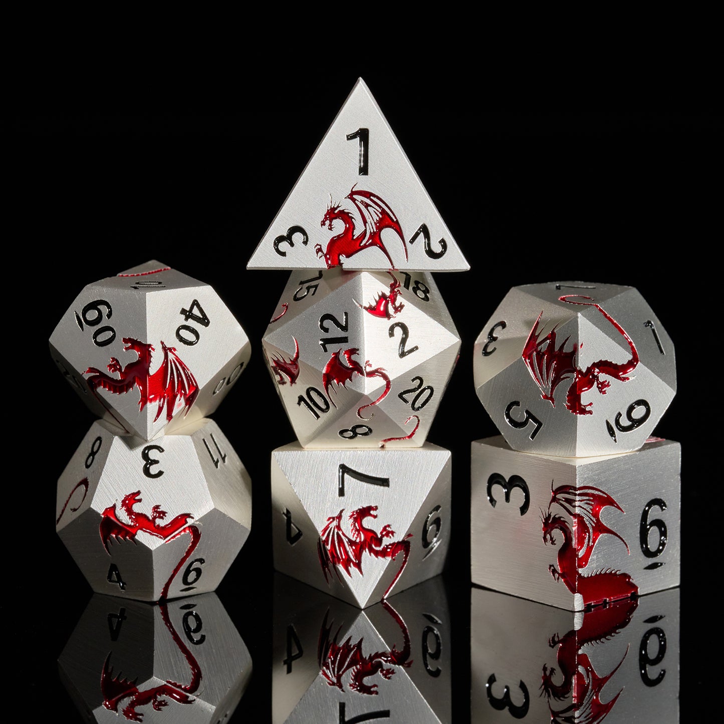 Metal Dice Dragon, 7 PCS Metallic Dungeons and Dragons Dice Set with Gift Case for DND(Matte Silver Red)