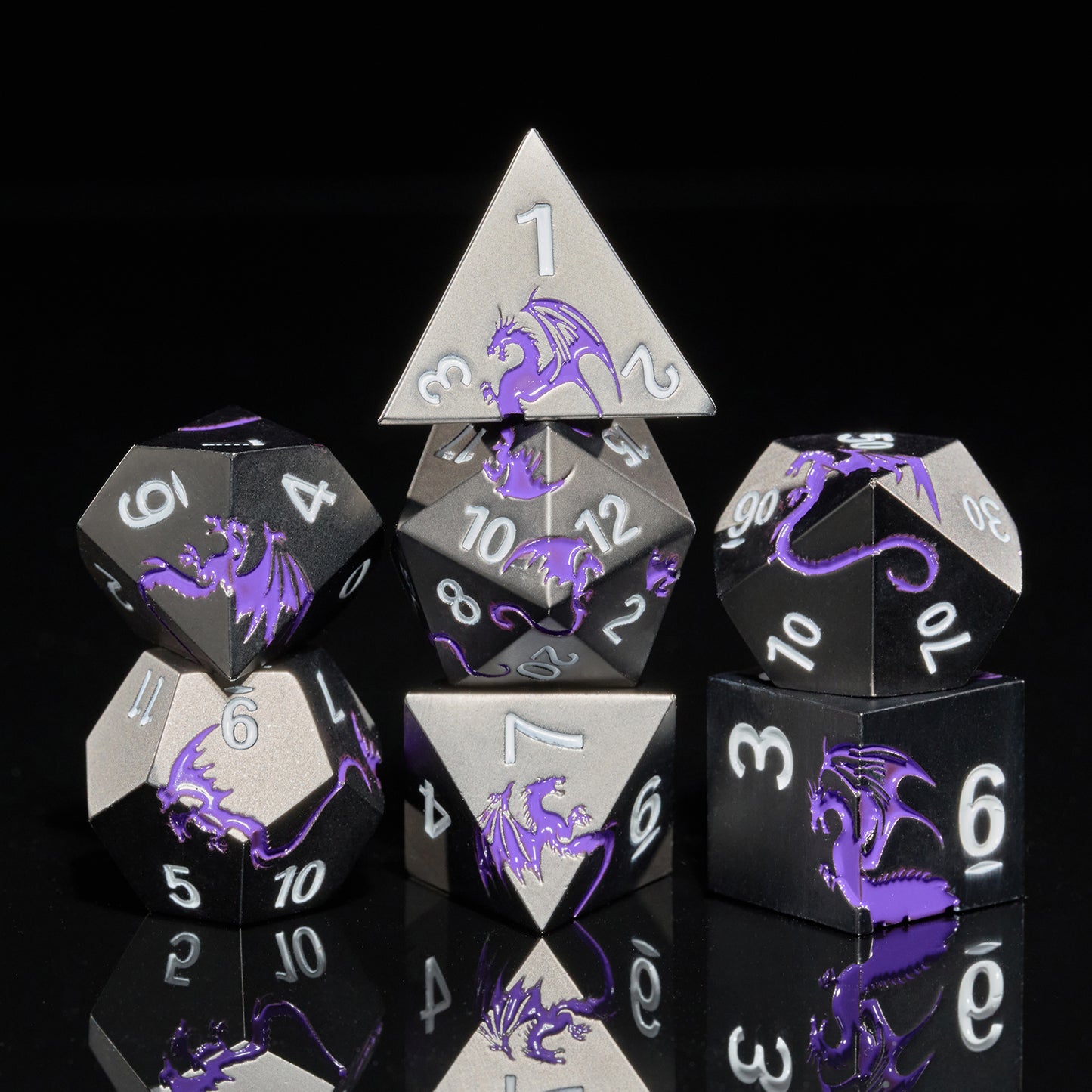 Purple DND Metal Dice, 7 PCS Heavy Metallic D&D Dice Set for Dungeons and Dragon Tabletop Game（BlackPurple）