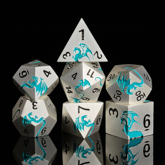 Metal Dice Set D&D 7 PCS Dragon Metallic DND Dice Set(Matte Silver Blue2）