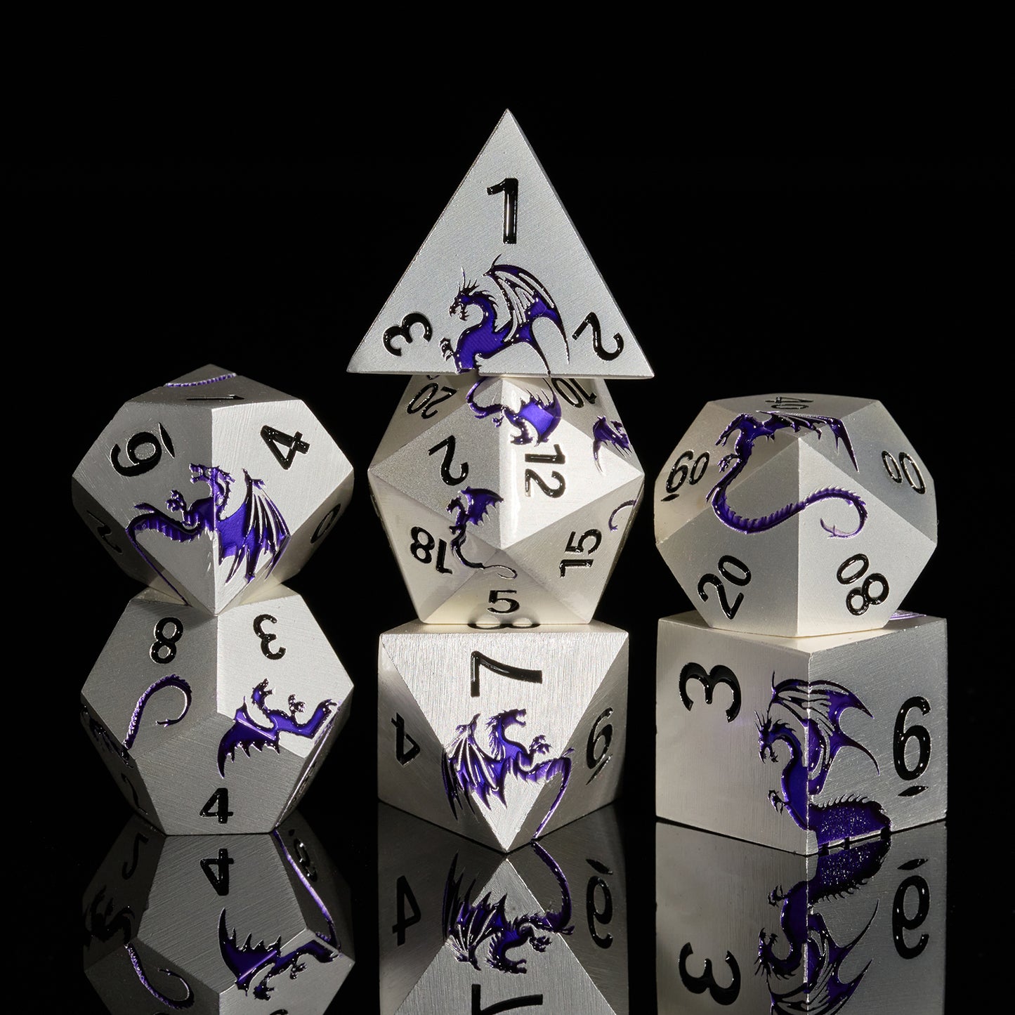 Metal Dice Set D&D 7 PCS Dragon Metallic DND Dice Set(Matte Silver Purple)