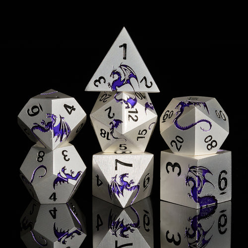 Metal Dice Set D&D 7 PCS Dragon Metallic DND Dice Set(Matte Silver Purple)