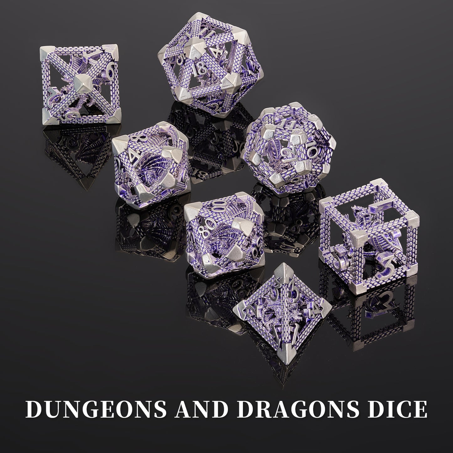 D&D Hollow Dragon Metal Polyhedral Dice Set for RPG and Tabletop Games - 3D Purple White