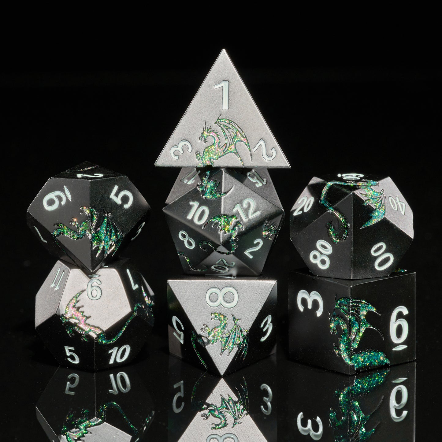 Metal Dice Set D&D 7 PCS Dragon Metallic DND Dice Set(GlitterGreen)