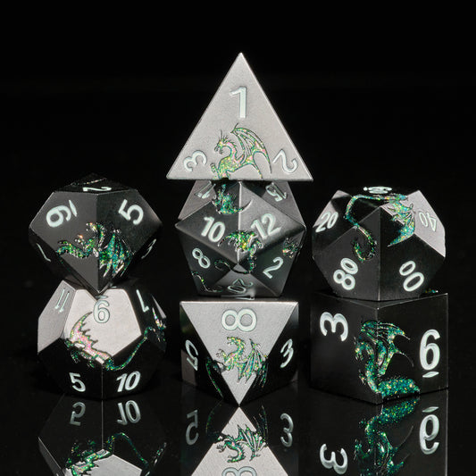 Metal Dice Set D&D 7 PCS Dragon Metallic DND Dice Set(GlitterGreen)