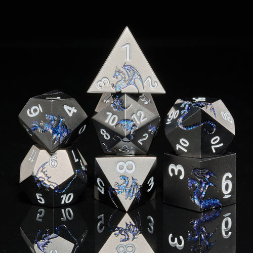 Metal DND Dice Set Dragon 7 PCS Heavy Metallic（GlitterBlue）