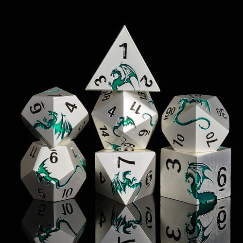 7 PCS Heavy Metallic Dragon D&D Dice Set with Gift Box for DND Tabletop Game（WhiteGreen）
