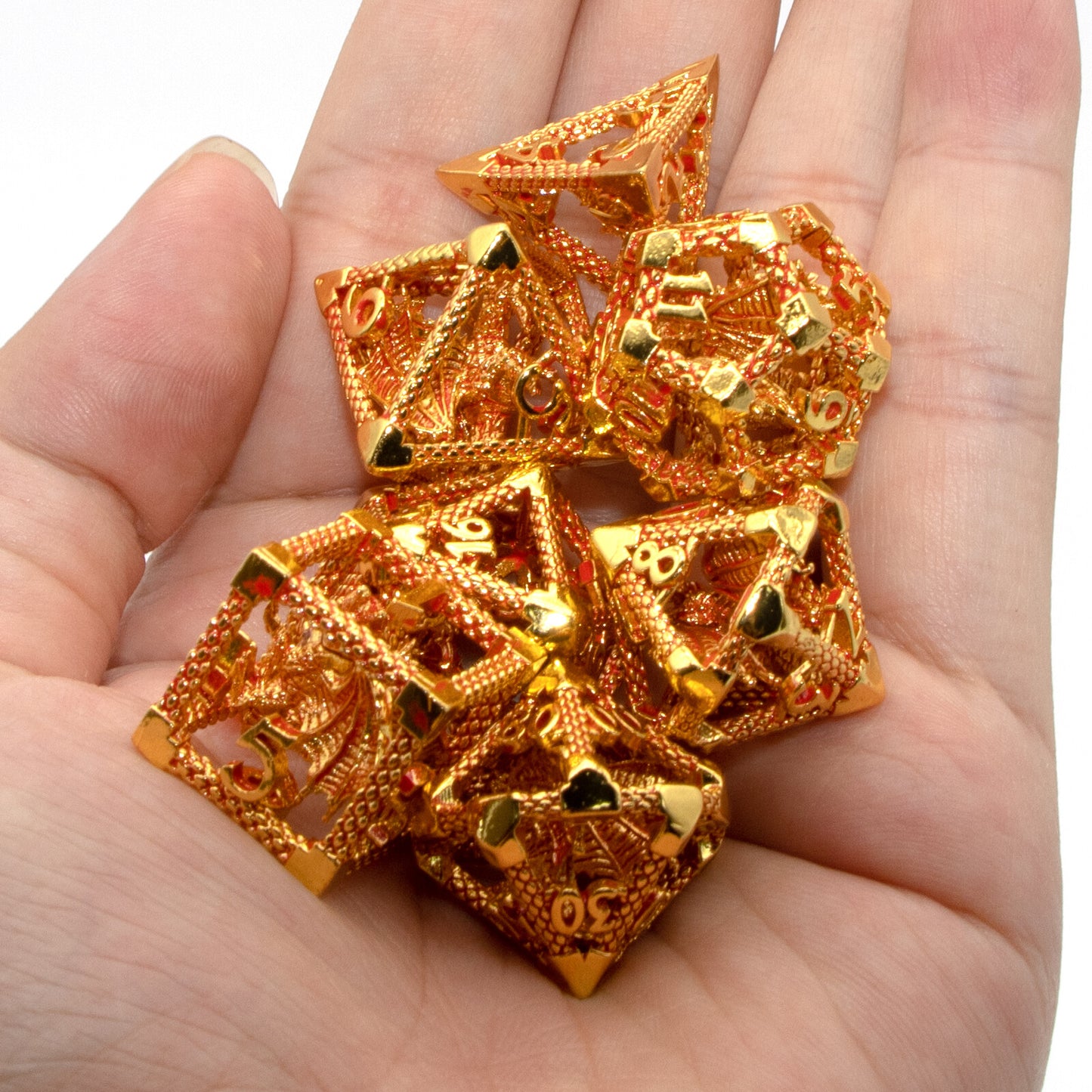 D&D Hollow Dragon Metal Polyhedral Dice Set for RPG and Tabletop Games - 3D Gold Red