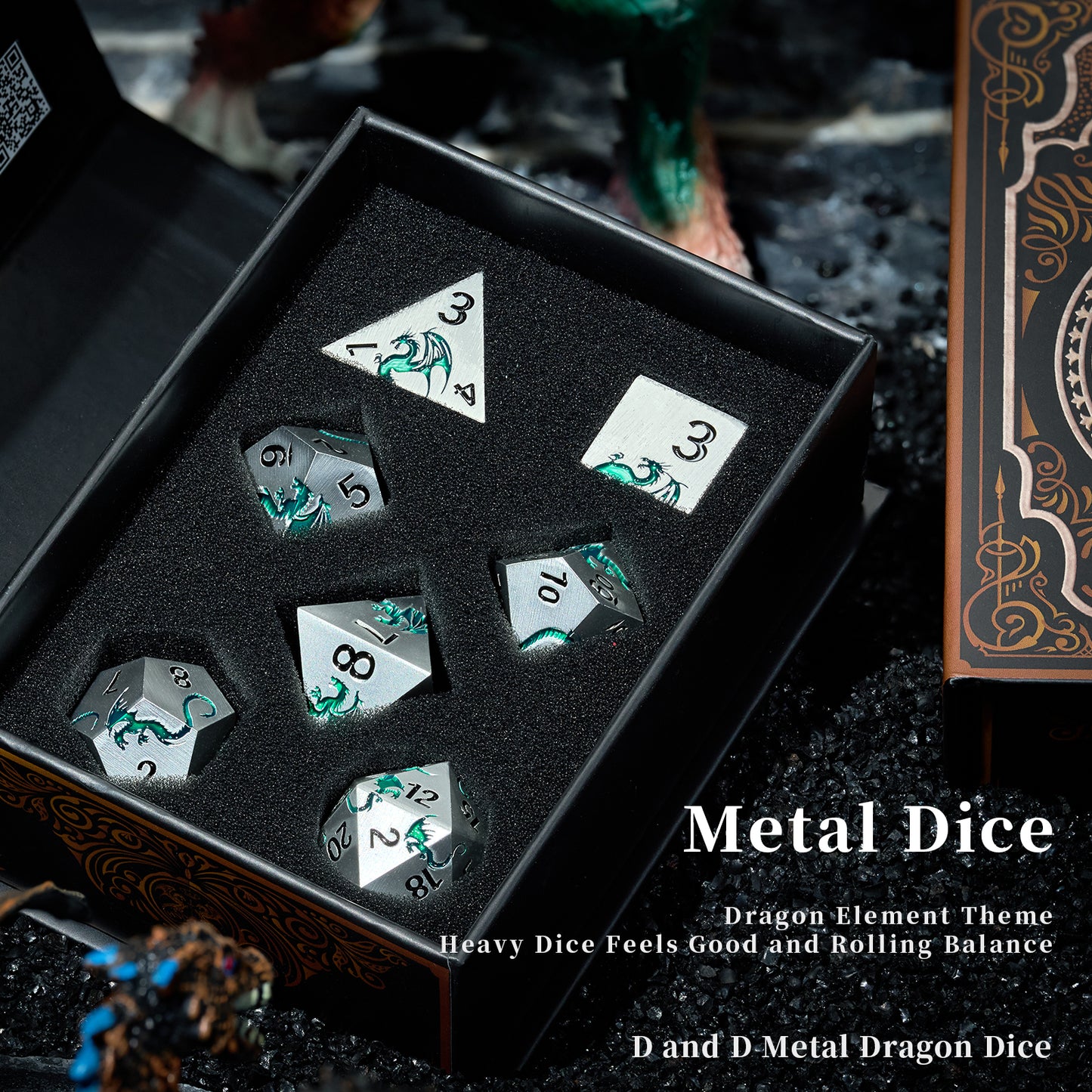 7 PCS Heavy Metallic Dragon D&D Dice Set with Gift Box for DND Tabletop Game（WhiteGreen）