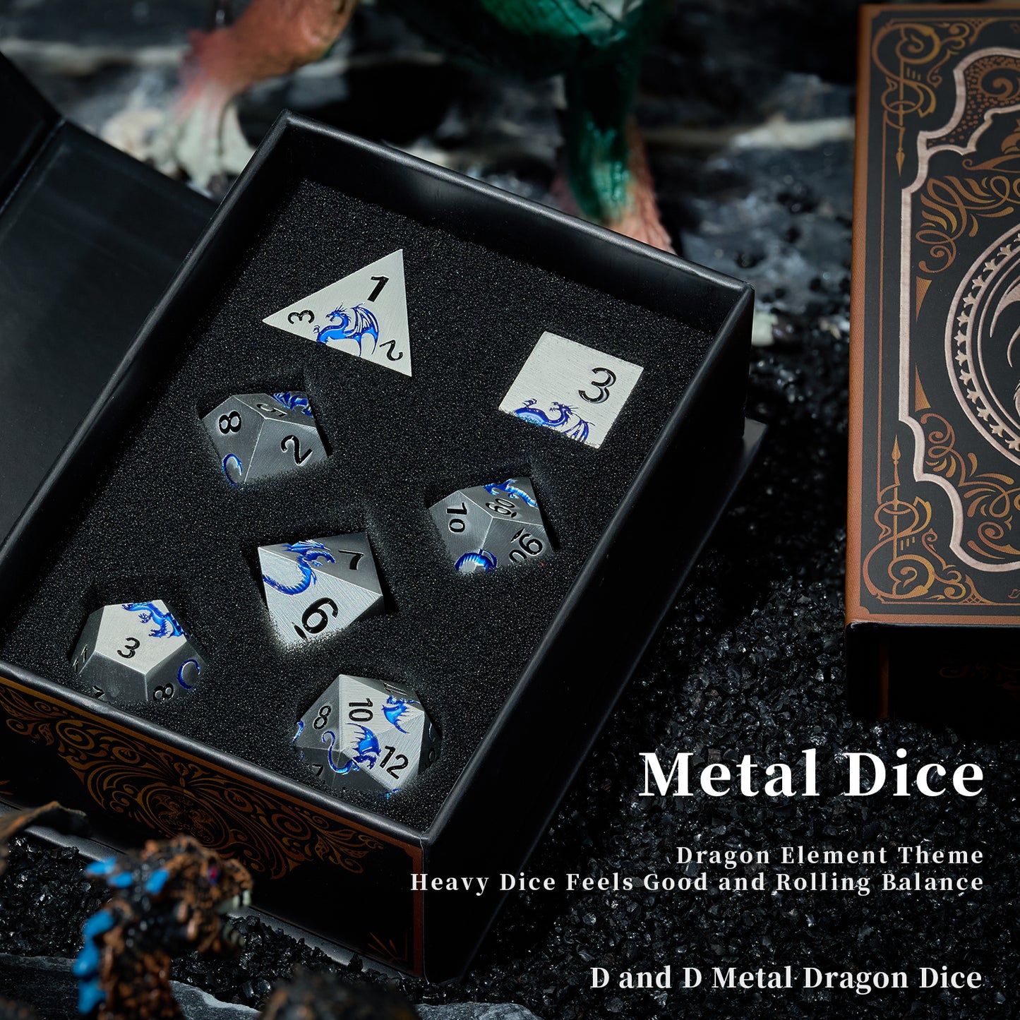 Sharp Edge Dragon Metal DND Dice Set for Role Play Game(Matte Silver Blue)