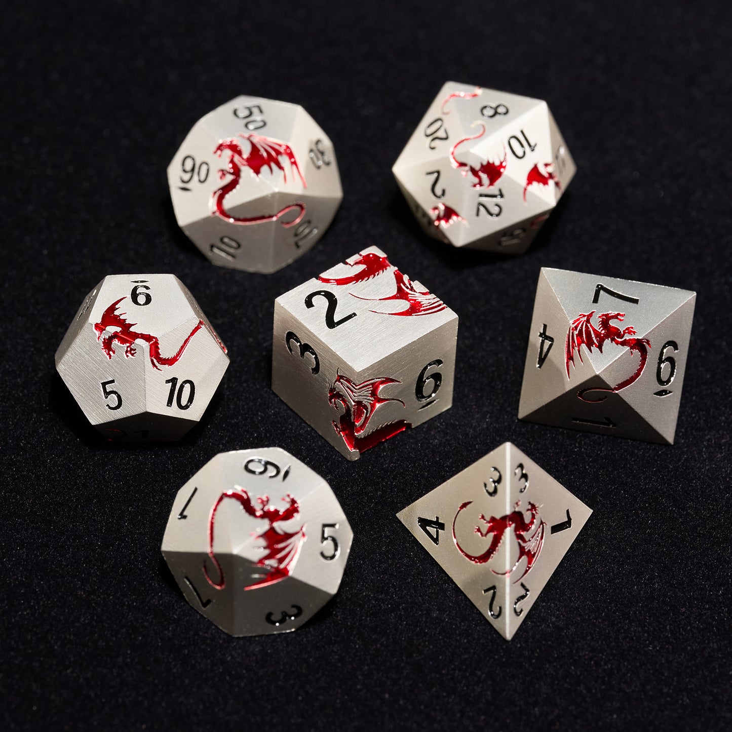 Metal Dice Dragon, 7 PCS Metallic Dungeons and Dragons Dice Set with Gift Case for DND(Matte Silver Red)