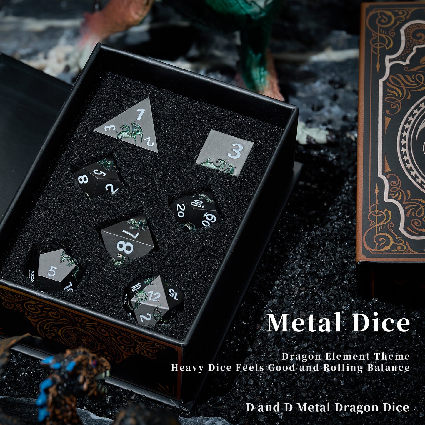 Metal Dice Set D&D 7 PCS Dragon Metallic DND Dice Set(GlitterGreen)