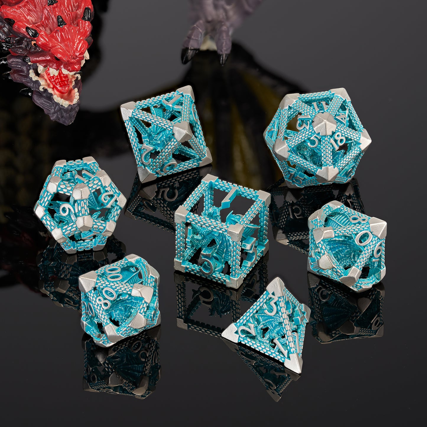 D&D Hollow Dragon Metal Polyhedral Dice Set for RPG and Tabletop Games - 3D BlueWhite