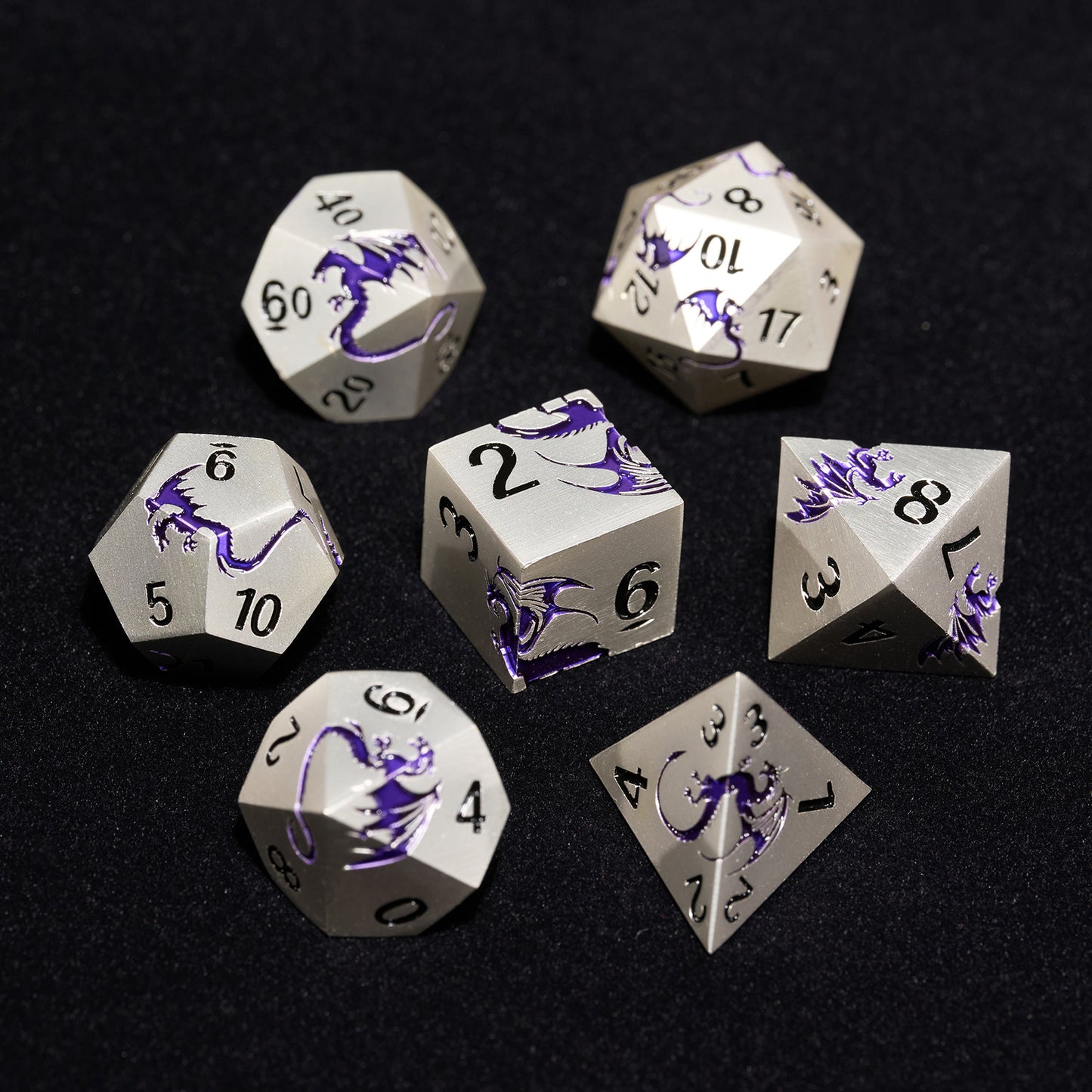 Metal Dice Set D&D 7 PCS Dragon Metallic DND Dice Set(Matte Silver Purple)