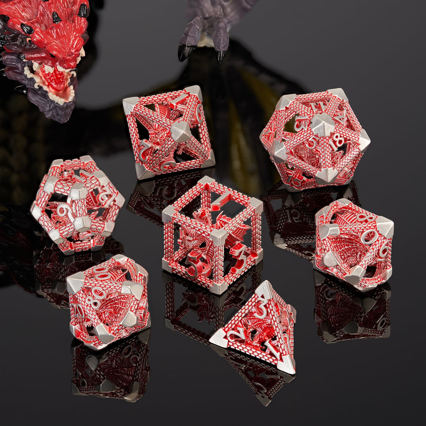 D&D Hollow Dragon Metal Polyhedral Dice Set for RPG and Tabletop Games - 3D Red White