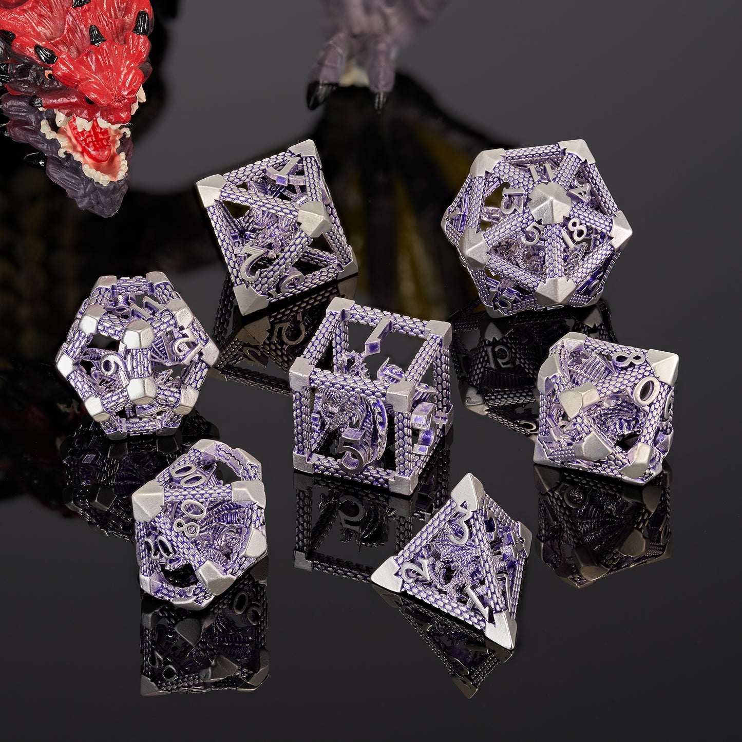 D&D Hollow Dragon Metal Polyhedral Dice Set for RPG and Tabletop Games - 3D Purple White