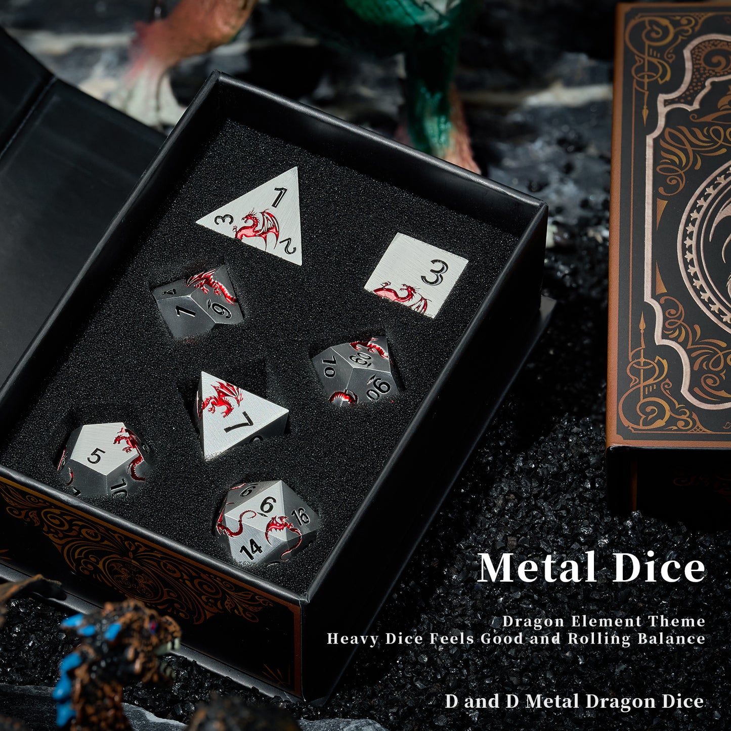 Metal Dice Dragon, 7 PCS Metallic Dungeons and Dragons Dice Set with Gift Case for DND(Matte Silver Red)