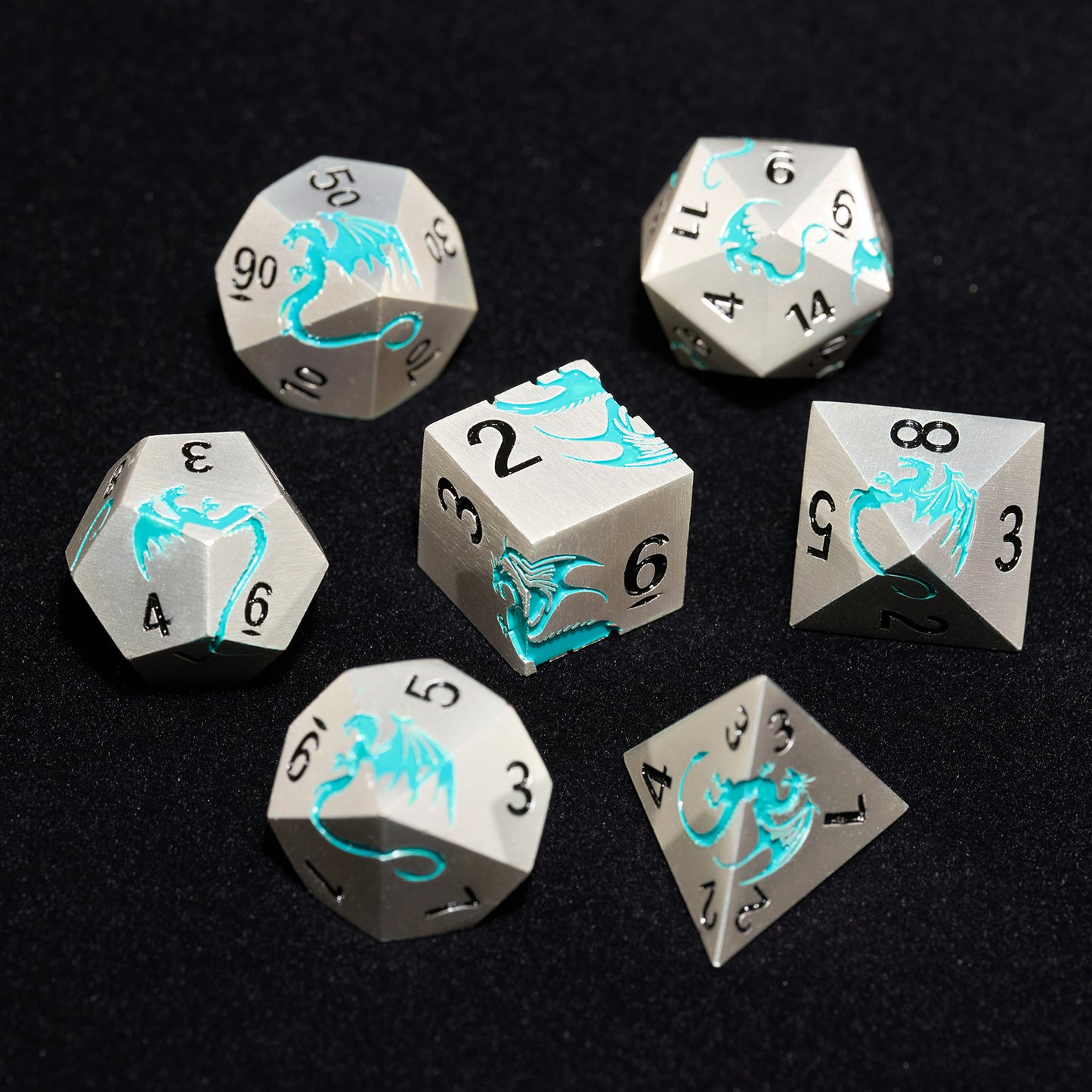 Metal Dice Set D&D 7 PCS Dragon Metallic DND Dice Set(Matte Silver Blue2）