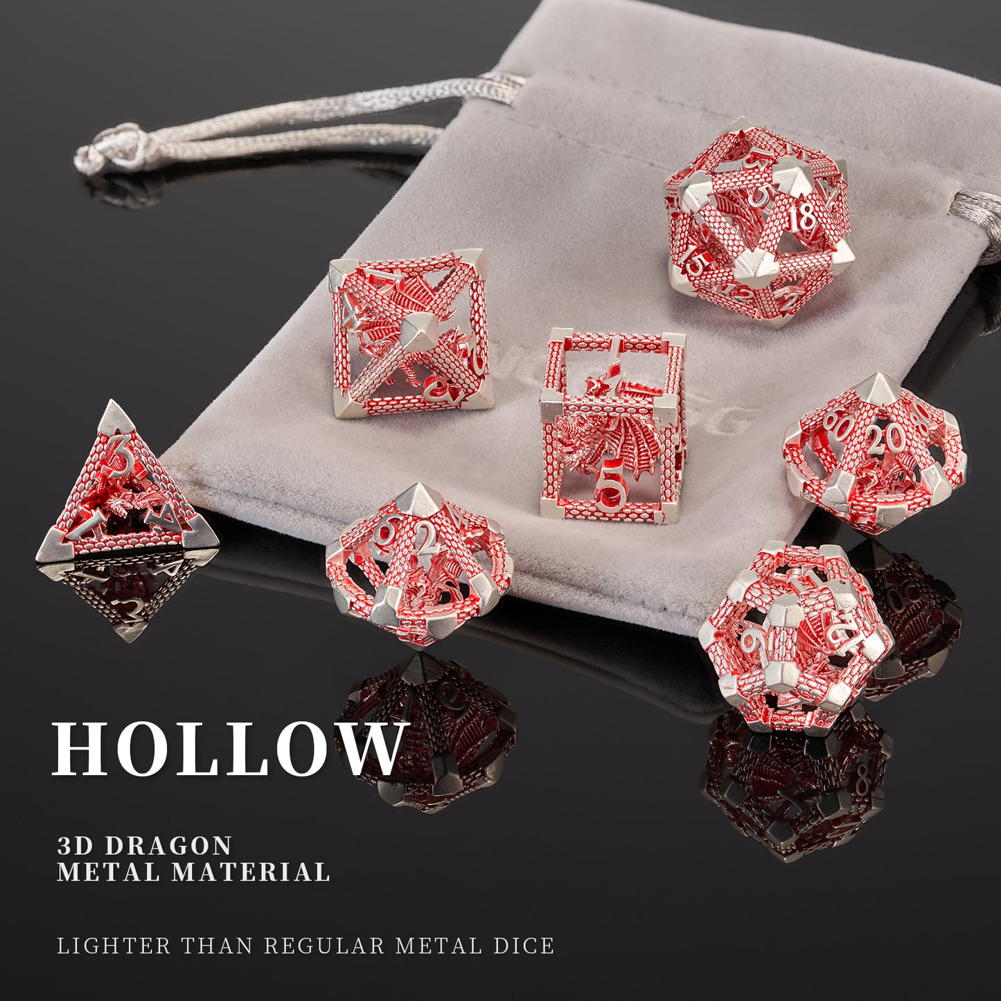 D&D Hollow Dragon Metal Polyhedral Dice Set for RPG and Tabletop Games - 3D Red White