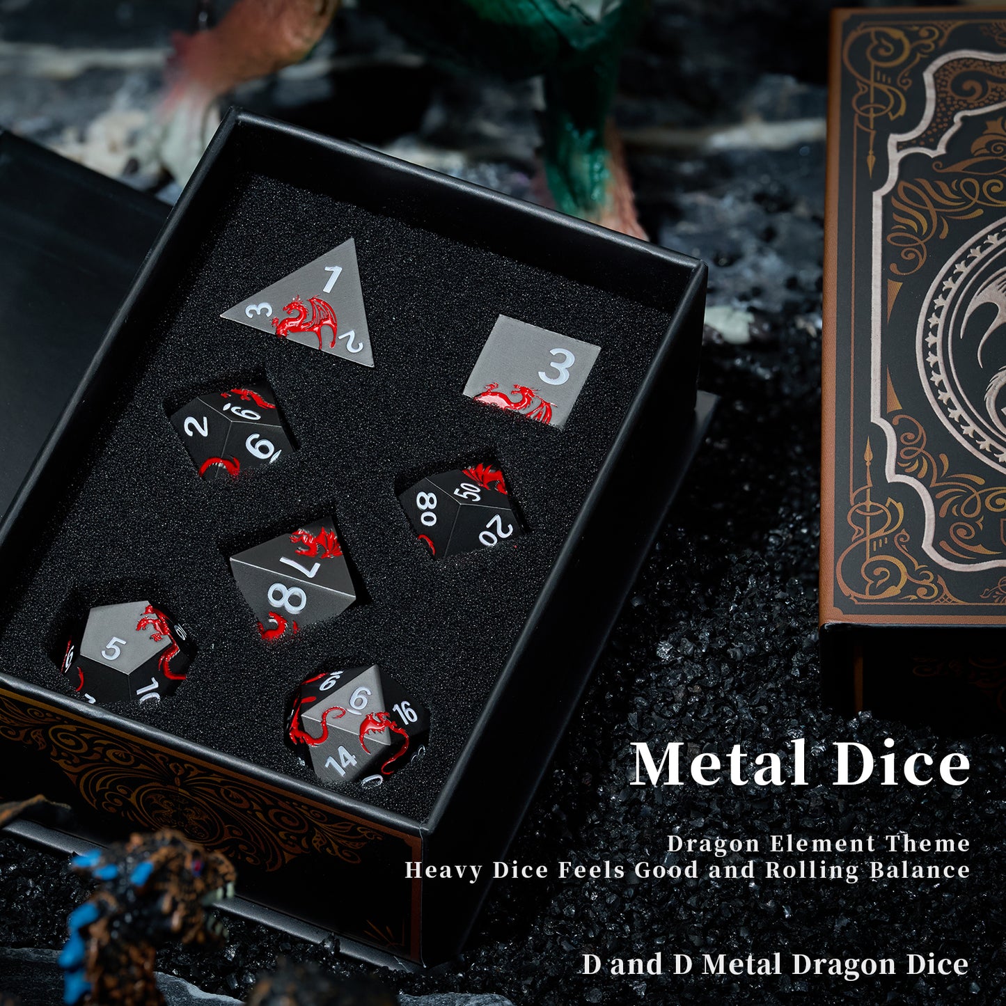 Metal DND Dice Set Dragon D&D Dice for D&D Dungeons and Dragons Gift TTRPG Metal Dice with Dragon Dice Box(Black Red Dragon)