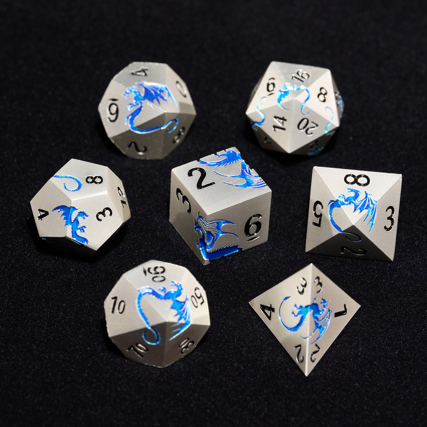 Sharp Edge Dragon Metal DND Dice Set for Role Play Game(Matte Silver Blue)