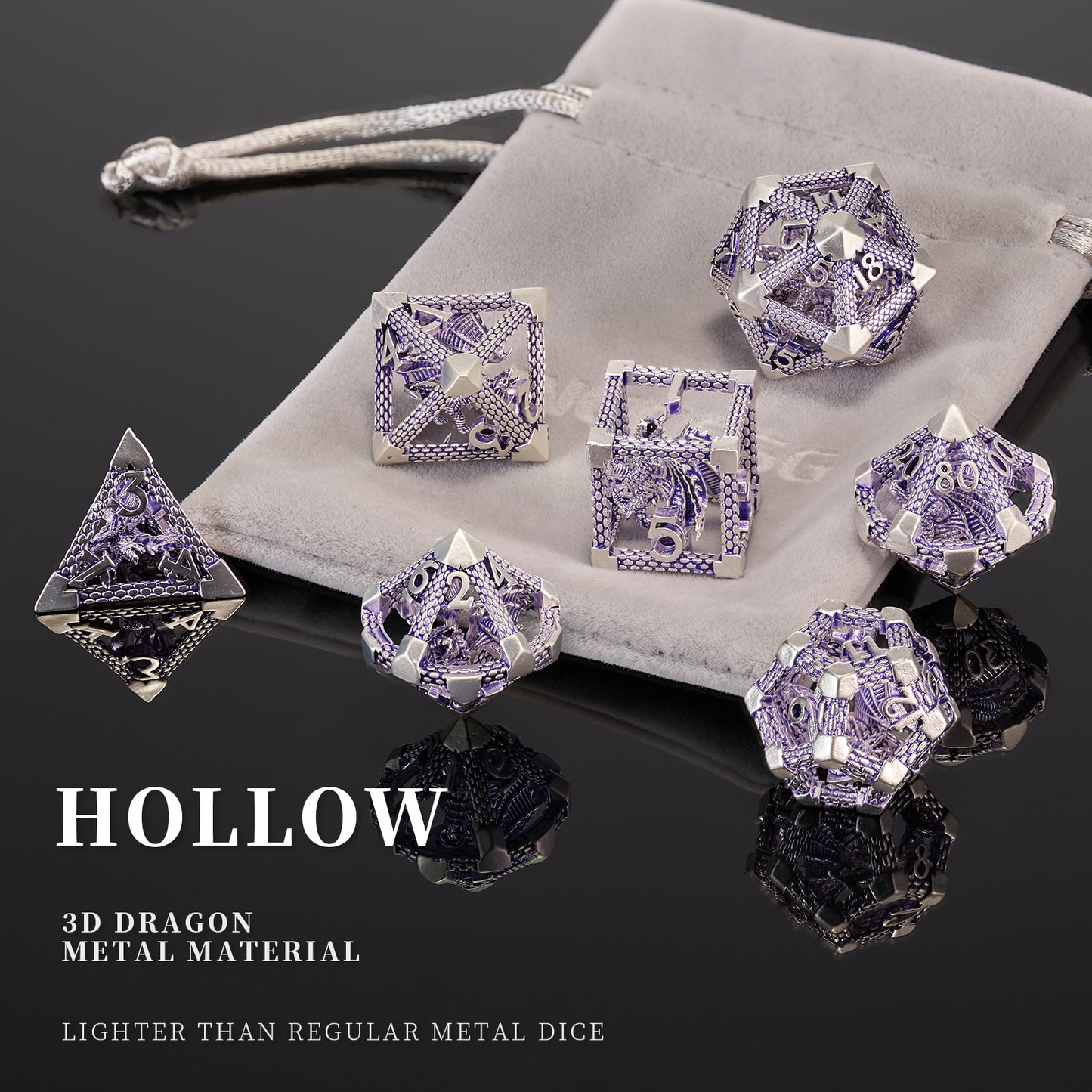 D&D Hollow Dragon Metal Polyhedral Dice Set for RPG and Tabletop Games - 3D Purple White