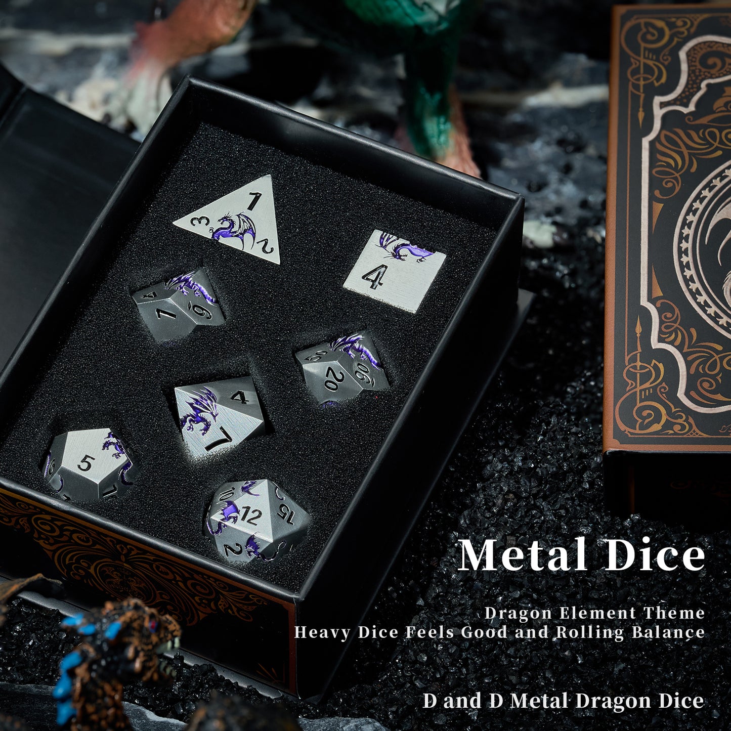 Metal Dice Set D&D 7 PCS Dragon Metallic DND Dice Set(Matte Silver Purple)