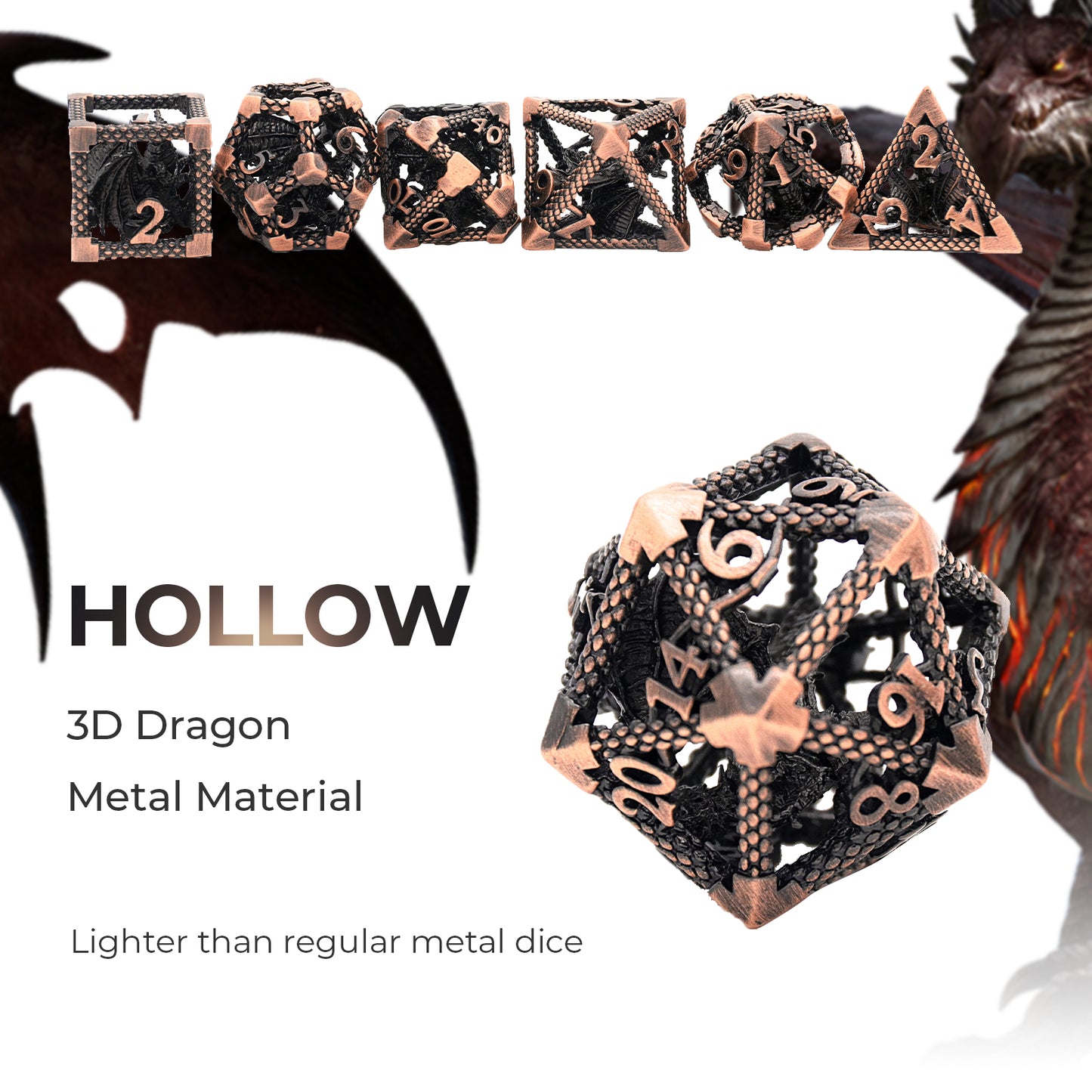 D&D Hollow Dragon Metal Polyhedral Dice Set for RPG and Tabletop Games - 3D Copper