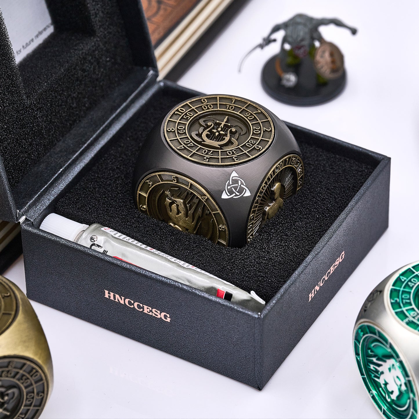 HNCCESG 7-in-1 Metal Spinner Dice,3D Relief Polyhedral Metal DND Dice Set Gift Box,Tabletop RPG Role Playing Gifts for Lovers (Black Bronze)