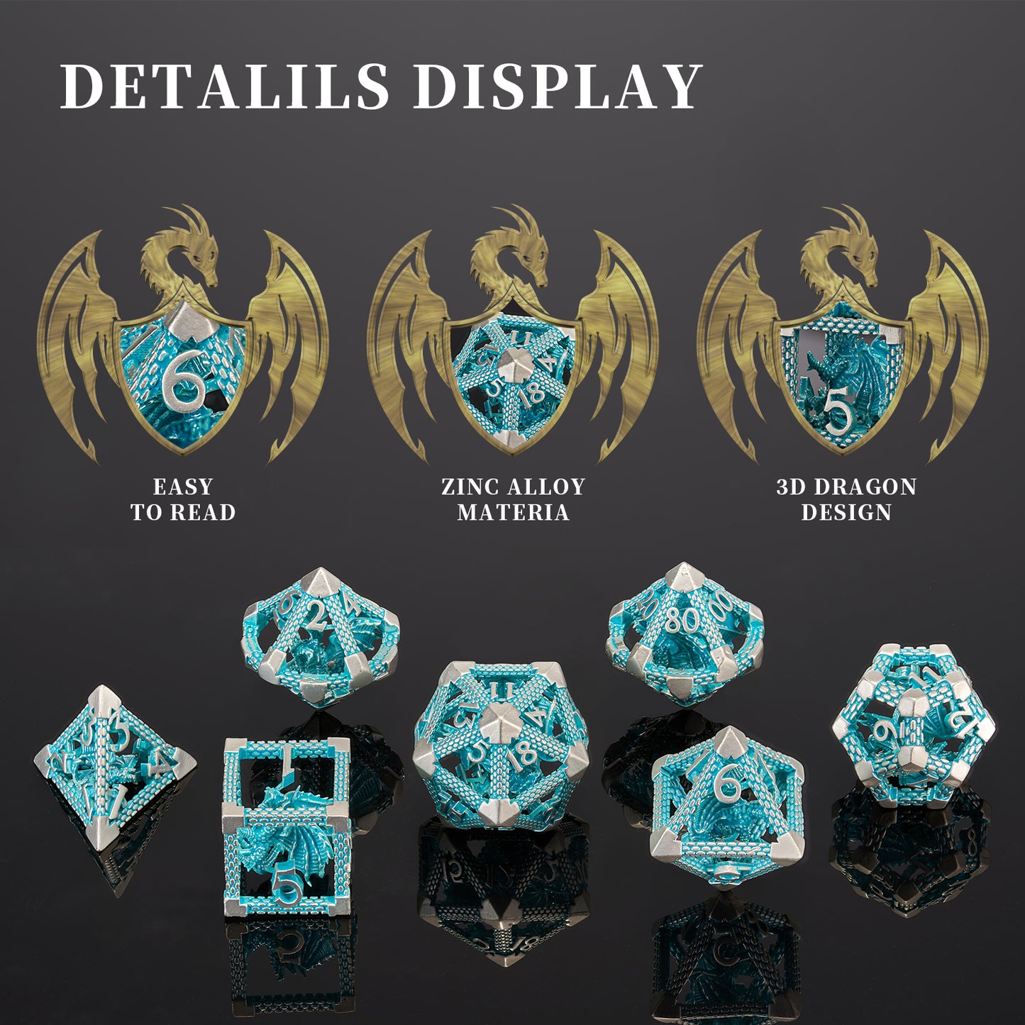 D&D Hollow Dragon Metal Polyhedral Dice Set for RPG and Tabletop Games - 3D BlueWhite