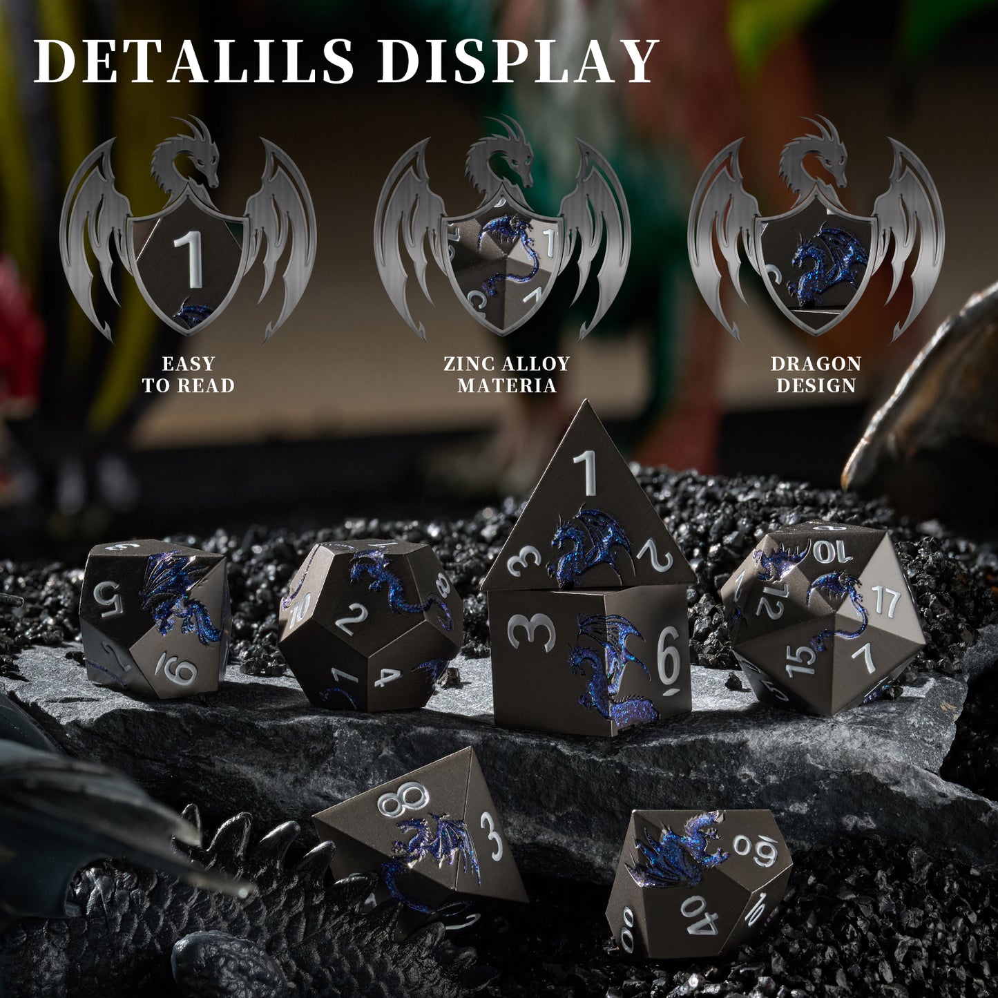 Metal DND Dice Set Dragon 7 PCS Heavy Metallic（GlitterBlue）