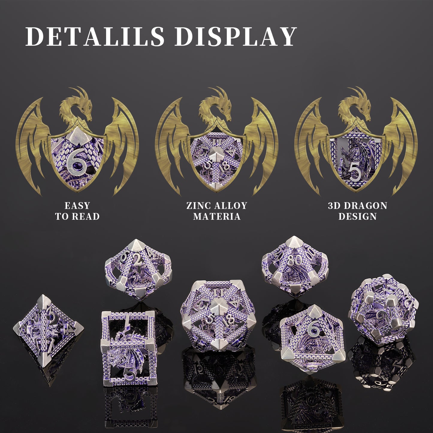 D&D Hollow Dragon Metal Polyhedral Dice Set for RPG and Tabletop Games - 3D Purple White